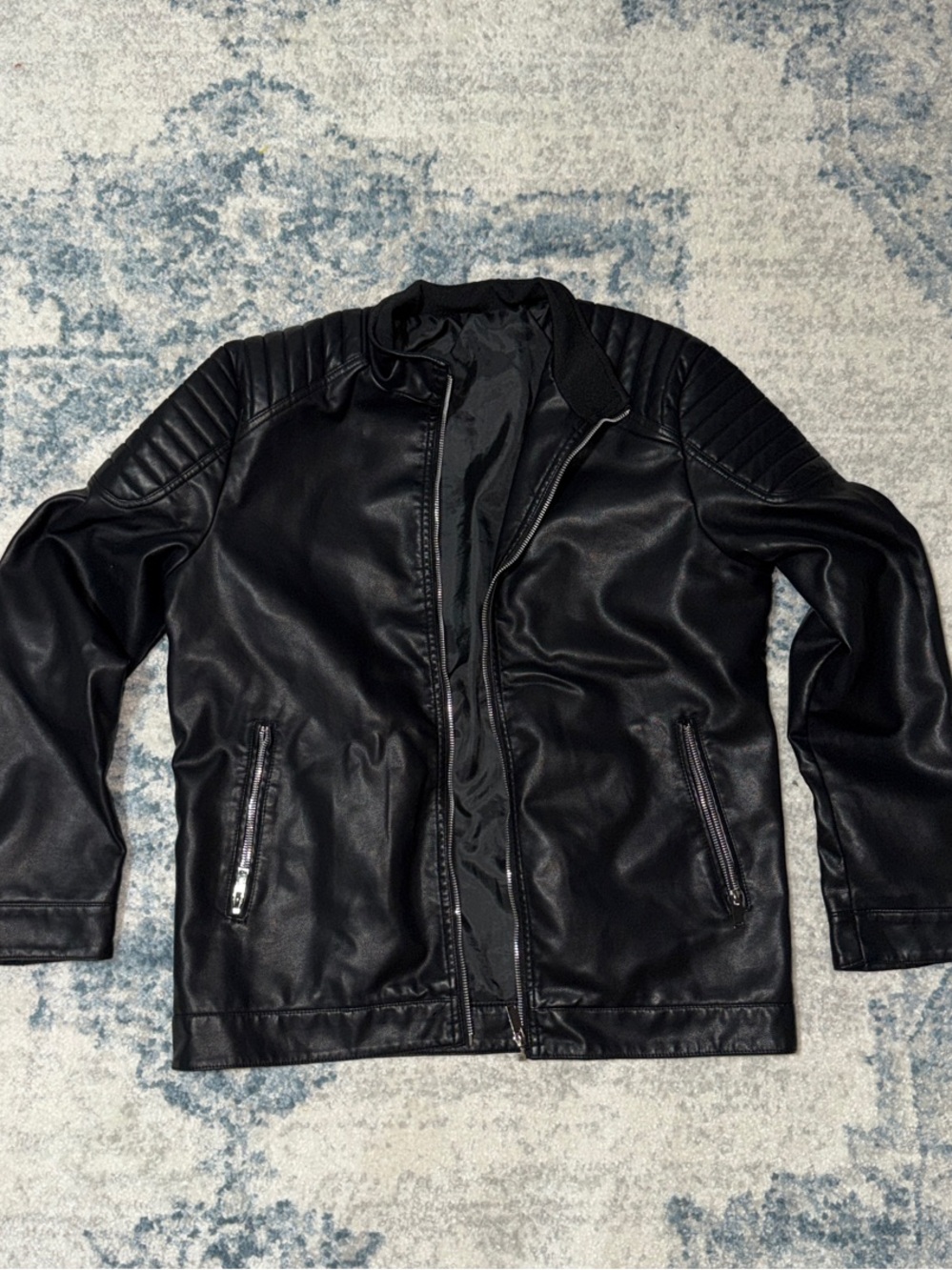 Men's Black Faux Leather Biker Jacket - Classic Zip Front